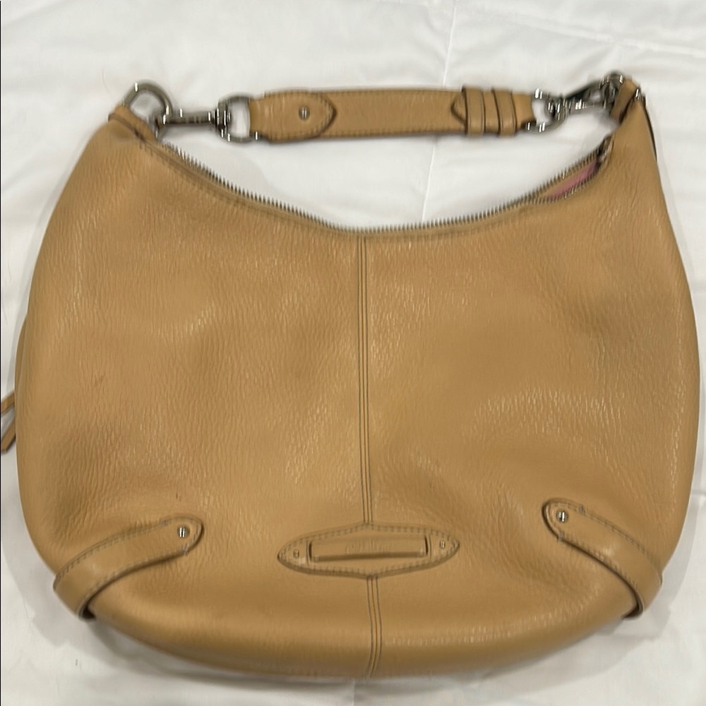 Cole Han tan Leather Hobo Bag with Crescent Shape and Decorative Stitching